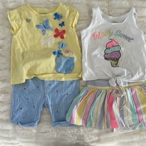 18M 4pc, skirt with ice cream tank and flower/butterfly top with bottoms.
